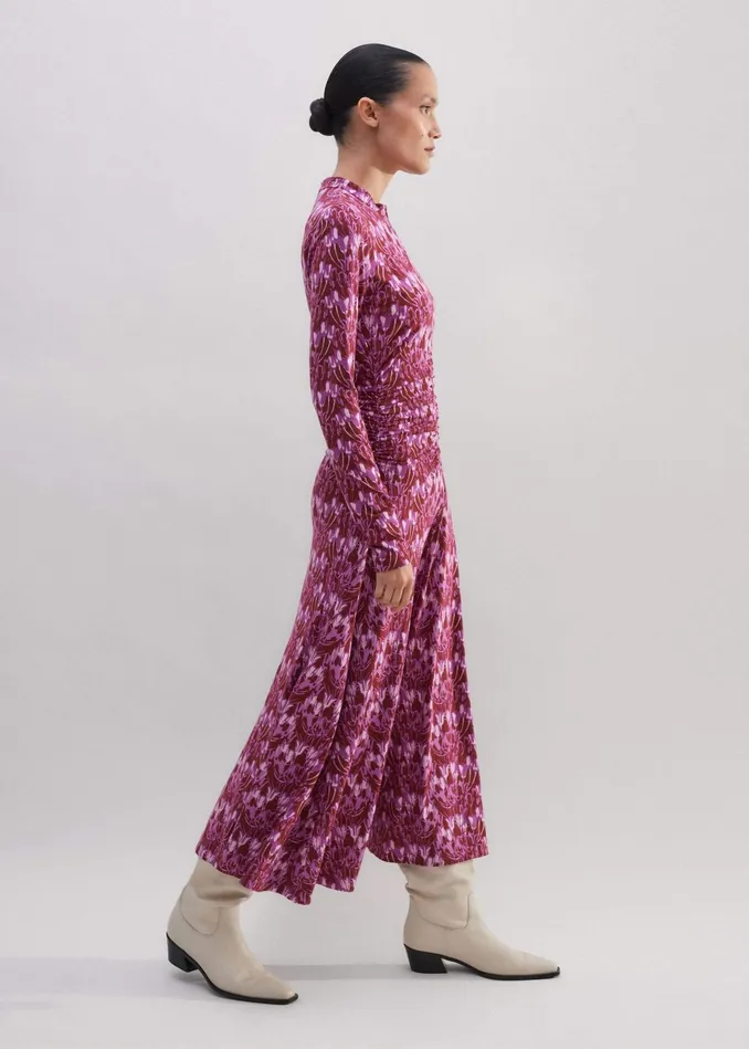 Women Tulip Print Ruched Front Maxi Dress Intense Reddark Purplemulti MEEM