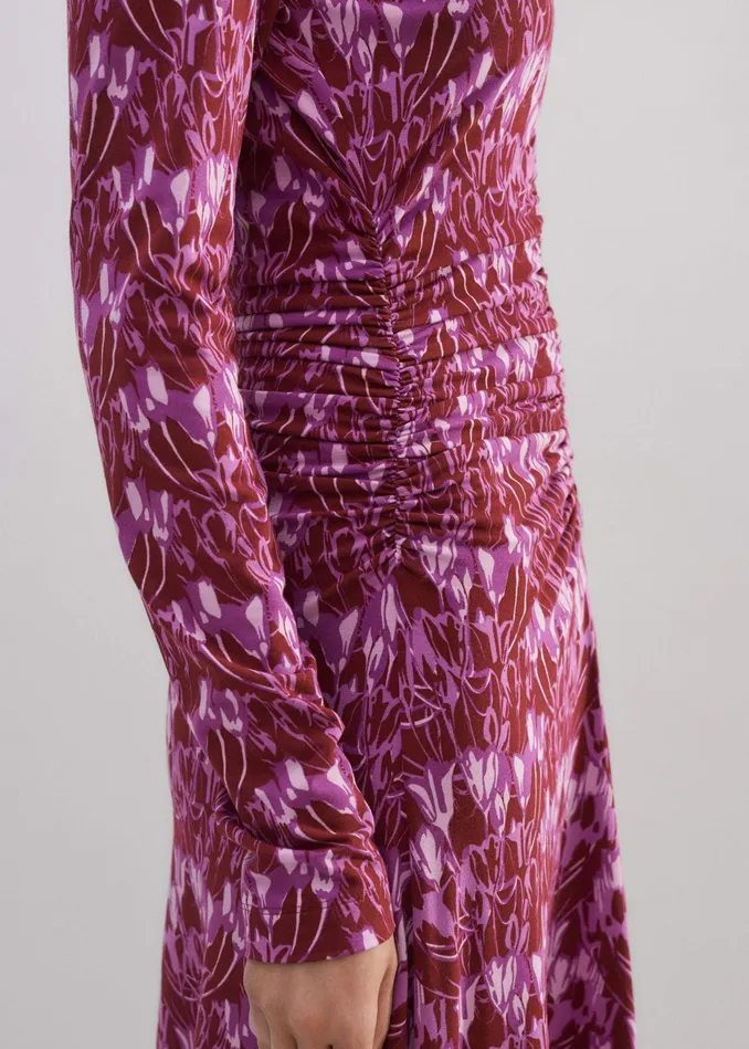 Women Tulip Print Ruched Front Maxi Dress Intense Reddark Purplemulti MEEM