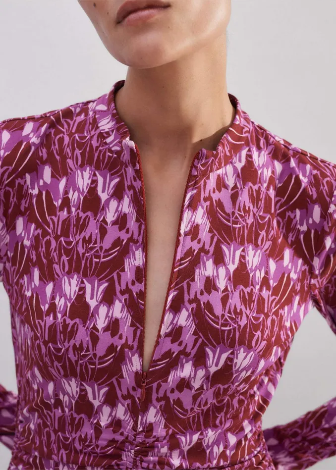 Women Tulip Print Ruched Front Maxi Dress Intense Reddark Purplemulti MEEM