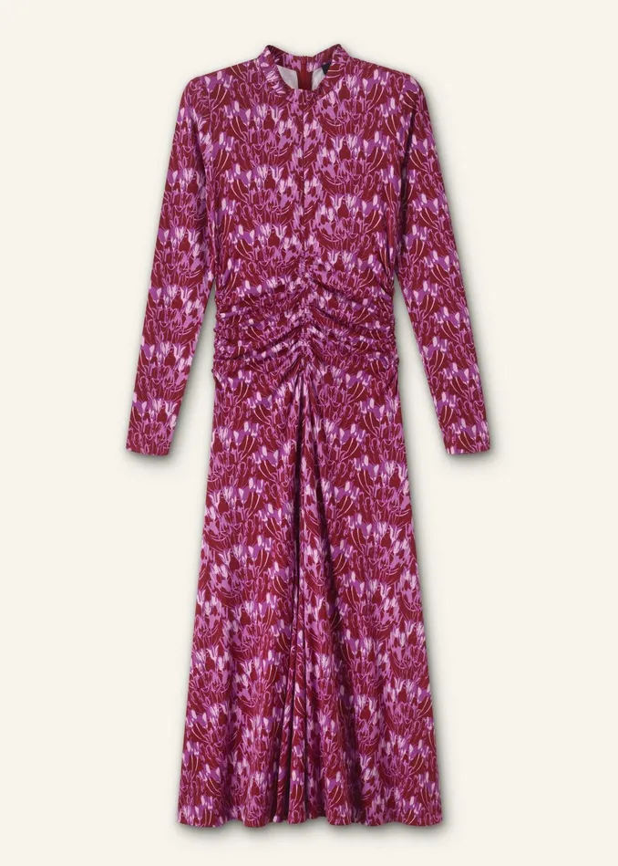 Women Tulip Print Ruched Front Maxi Dress Intense Reddark Purplemulti MEEM