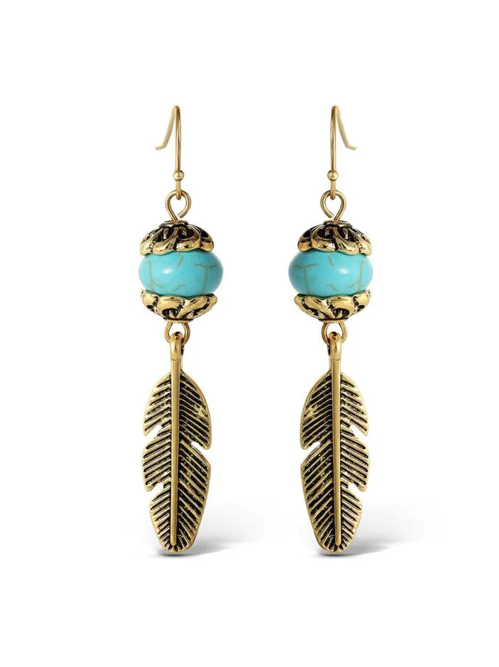 Women Turquoise Bead Feather Drop Earrings In Gold Jessica Simpson Turquoise Collection