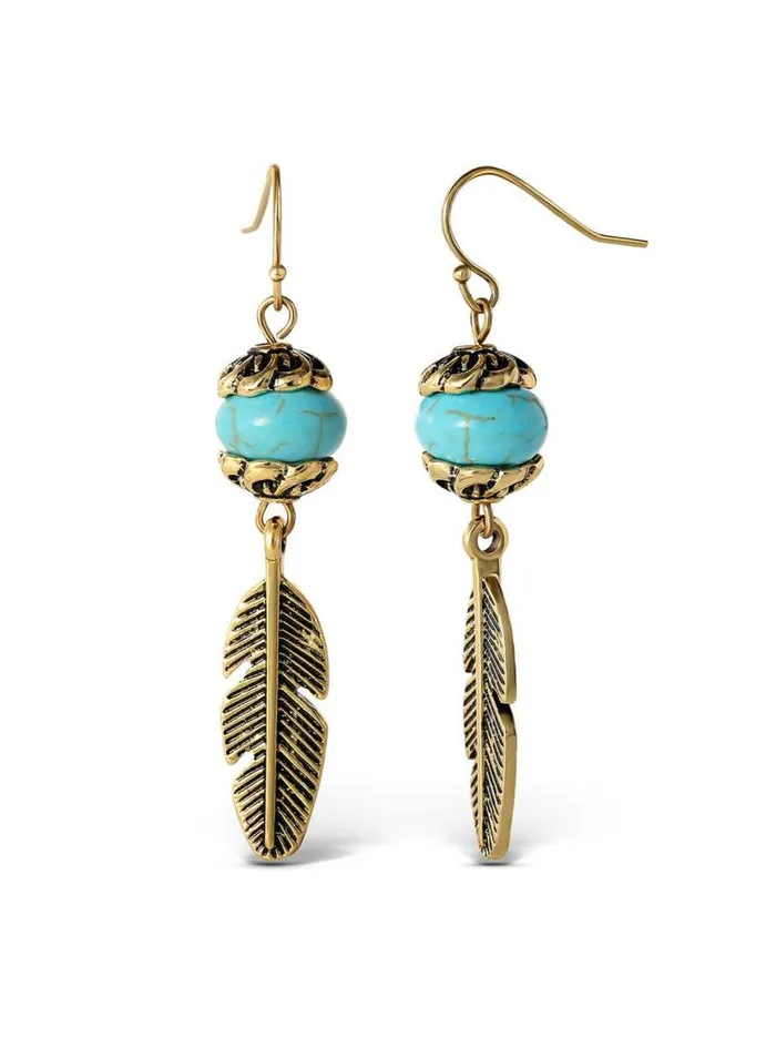 Women Turquoise Bead Feather Drop Earrings In Gold Jessica Simpson Turquoise Collection