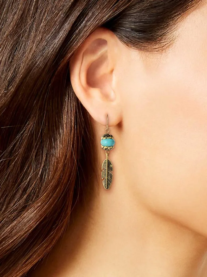 Women Turquoise Bead Feather Drop Earrings In Gold Jessica Simpson Turquoise Collection