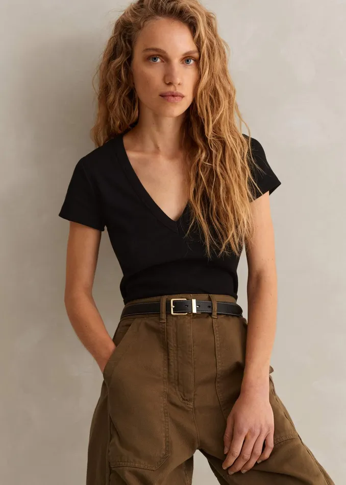 Women Ultimate Fitted Rib VNeck Tee Black MEEM