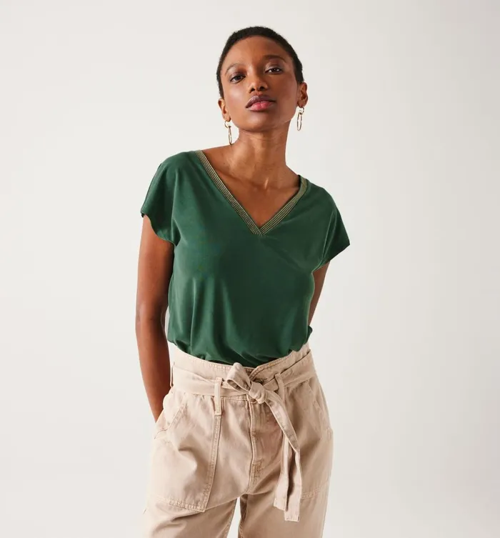 Women VNeck Top With Glitzy Detail 8211 Green Print Promod Tops