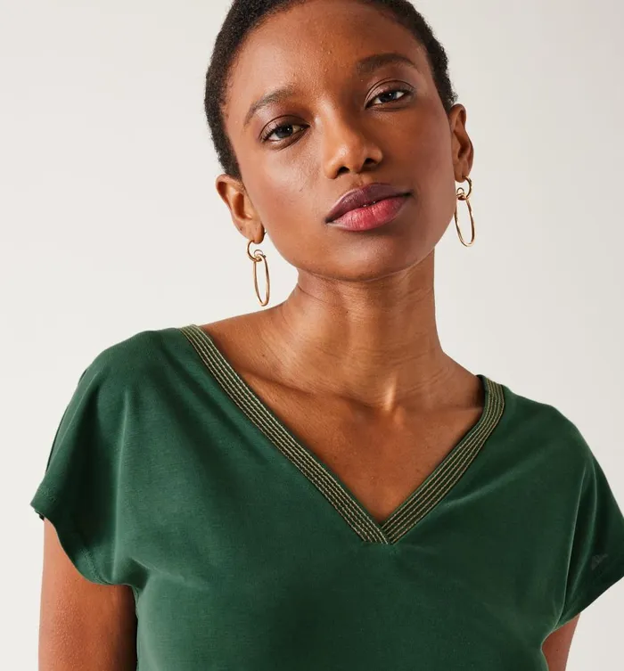 Women VNeck Top With Glitzy Detail 8211 Green Print Promod Tops Women VNeck Top With Glitzy Detail 8211 Green Print Promod Tops