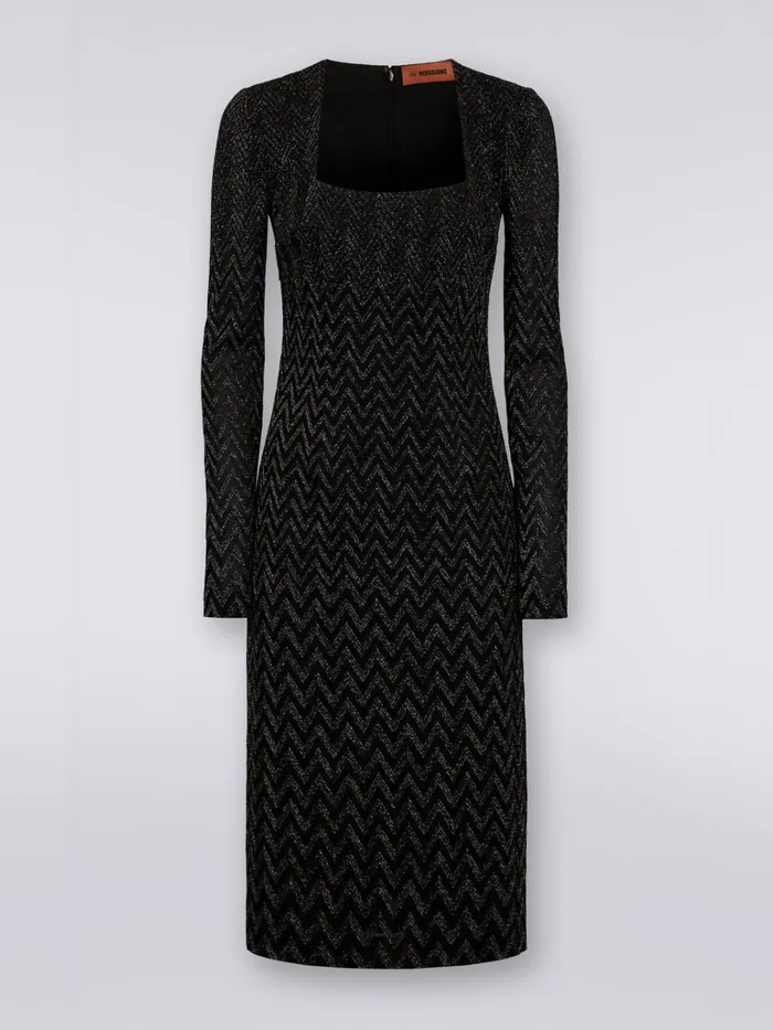 Women Viscose Chevron Midi Dress With Square Neckline With Lurex Black Missoni Dresses
