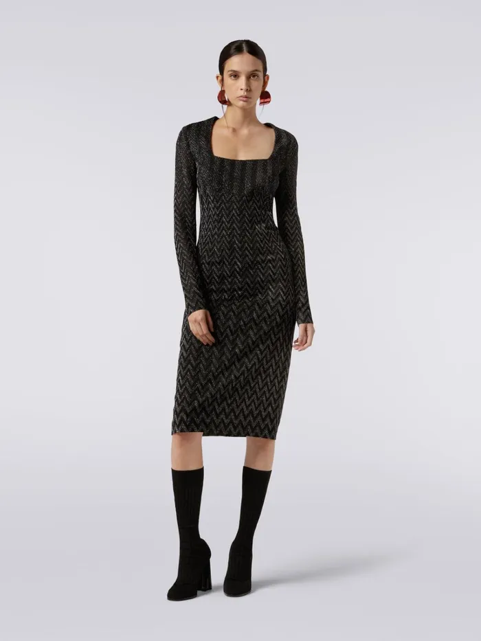 Women Viscose Chevron Midi Dress With Square Neckline With Lurex Black Missoni Dresses Women Viscose Chevron Midi Dress With Square Neckline With Lurex Black Missoni Dresses