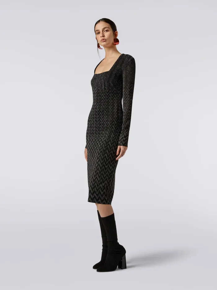 Women Viscose Chevron Midi Dress With Square Neckline With Lurex Black Missoni Dresses Women Viscose Chevron Midi Dress With Square Neckline With Lurex Black Missoni Dresses