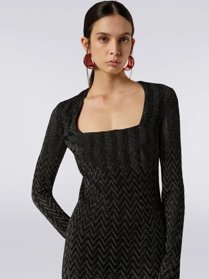 Women Viscose Chevron Midi Dress With Square Neckline With Lurex Black Missoni Dresses Women Viscose Chevron Midi Dress With Square Neckline With Lurex Black Missoni Dresses