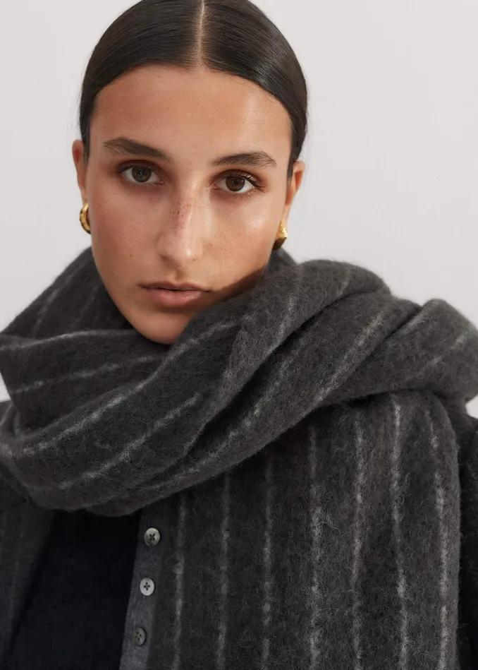 Women Wide Pinstripe Scarf Dark Grey MEEM