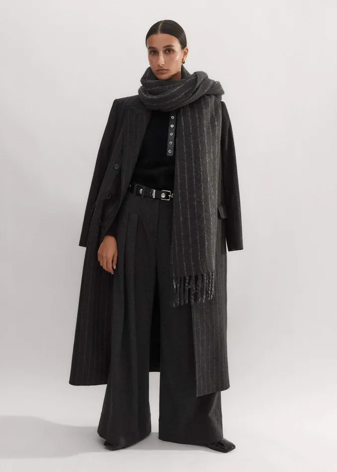 Women Wide Pinstripe Scarf Dark Grey MEEM