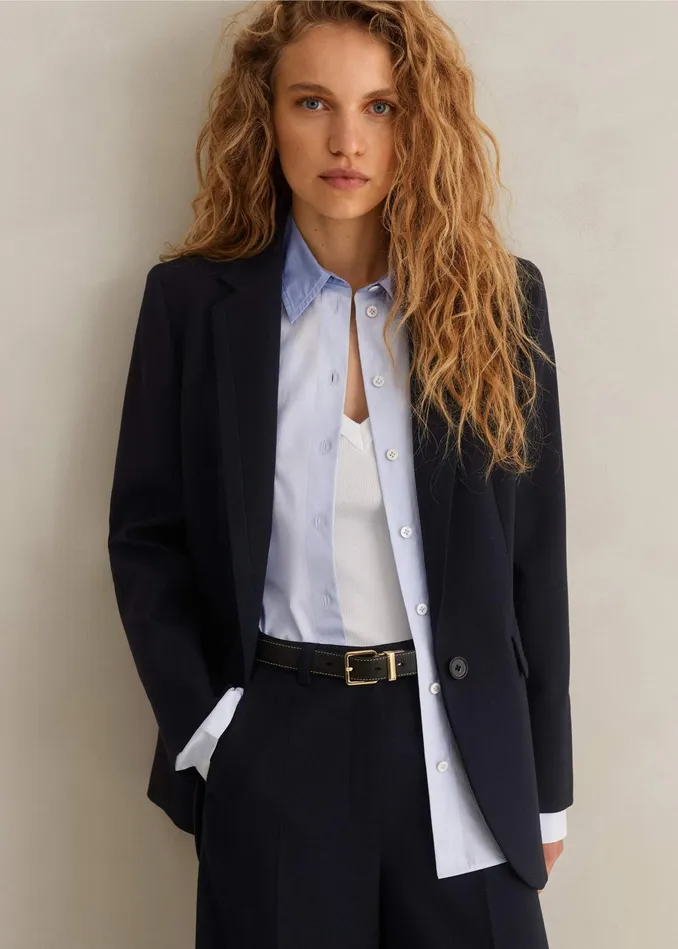 Women WoolBlend Sharp Longline Blazer Navy MEEM