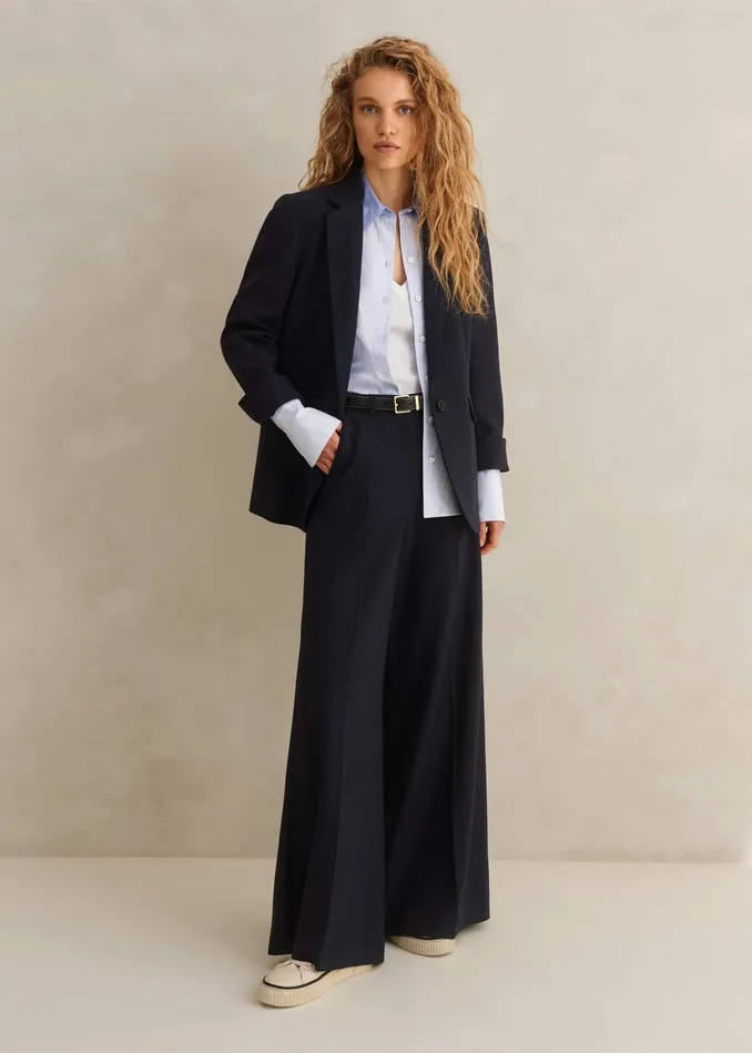 Women WoolBlend Sharp Longline Blazer Navy MEEM