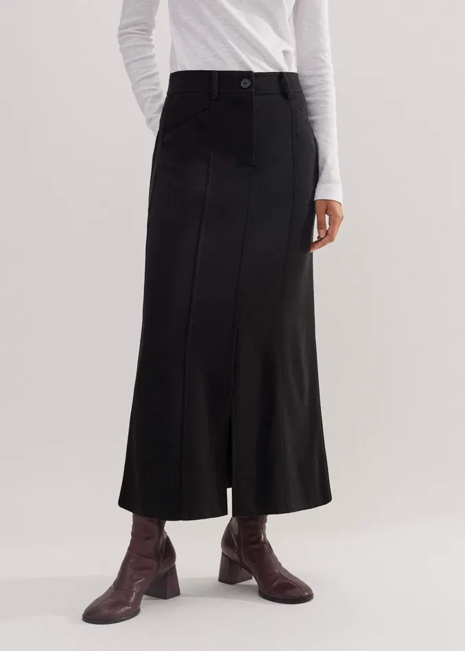 Women WoolBlend Travel Tailoring Midi Skirt Black MEEM