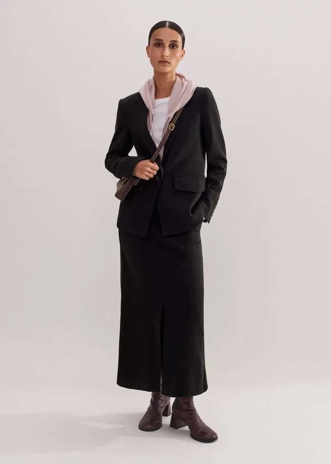Women WoolBlend Travel Tailoring Midi Skirt Black MEEM