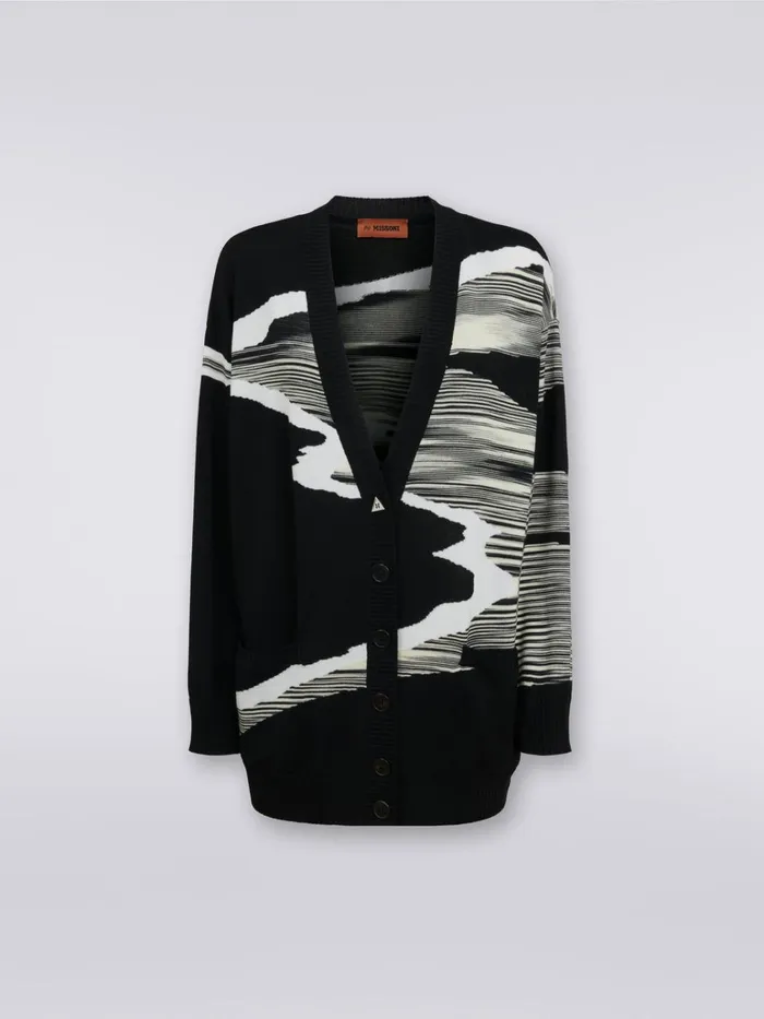 Women Wool Cardigan With Inlay Details Black and White Missoni Knitwear